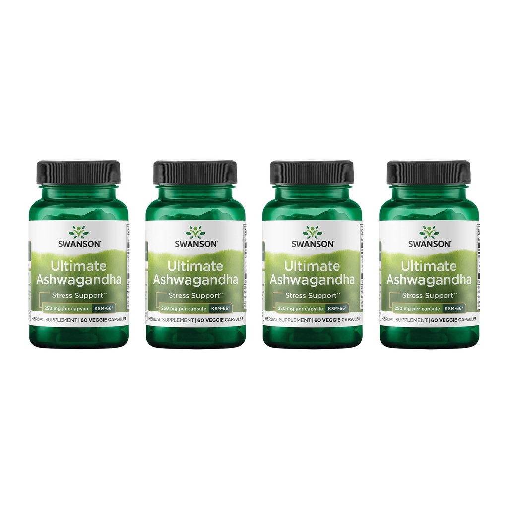 Swanson Ultimate Ashwagandha KSM-66 - 支持健康应激水平和放松的草药补充剂 - 促进冷静和放松的心律的自然公式 - (60 Veggie Capsules, 每人250毫克)(4包)
