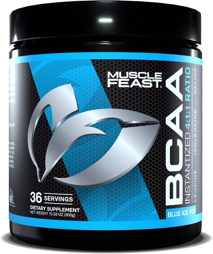 肌肉Feast Vegan BCAA 粉末 4:1:1 倍率 Keto Friendly Sugar Free Wind Workout Recover, Blue Ice Pop, 300g