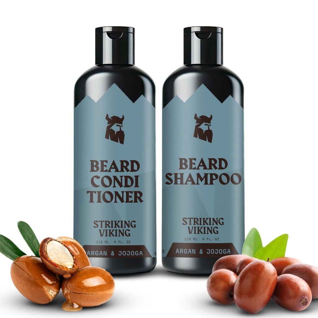 (原始内容存档于2017-09-26). Striking Viking Beard Shampoo and Conditioner Set – 4 Fl Oz Each, Fresh Masculine Scent – 胡子洗涤器和男用条件洗涤器 - Cleanings & Softens, 配有 Argan & Jojoba Oil - Sulfate & Paraben Free