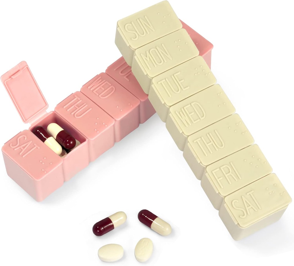 食药组织者-食药箱用于旅行,7天配有盲文药箱 鱼油补充品 鱼油药剂组织者药箱 维生素持有者补充品(Pink+Beige)