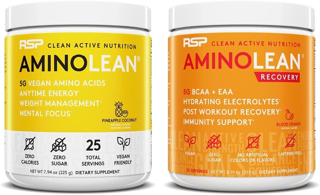 RSP Nutriition Vegan 氨基莱恩前置工作能源(Pineapple Coconut 25 services)与氨基莱恩后置工作靴(Bloud Orange 30 services)