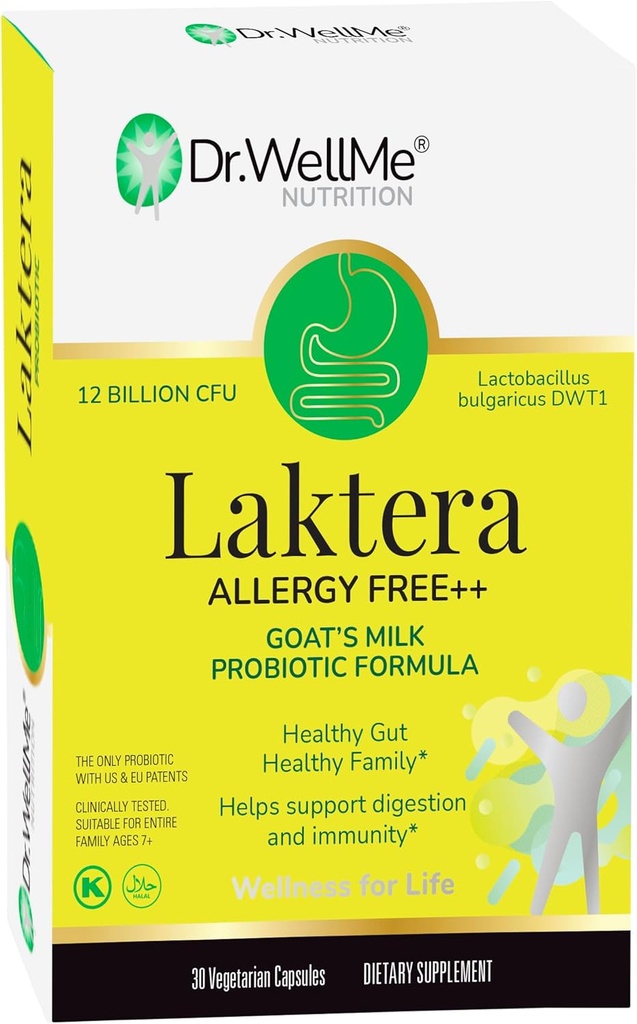 WellMe Laktera Allergy-Free Probiotics – 30 Capsules, 12B CFU Goat的牛奶亲生配方, Immune & Gut 健康补充剂 – 低乳糖,成人无葡萄糖和7+ 儿童