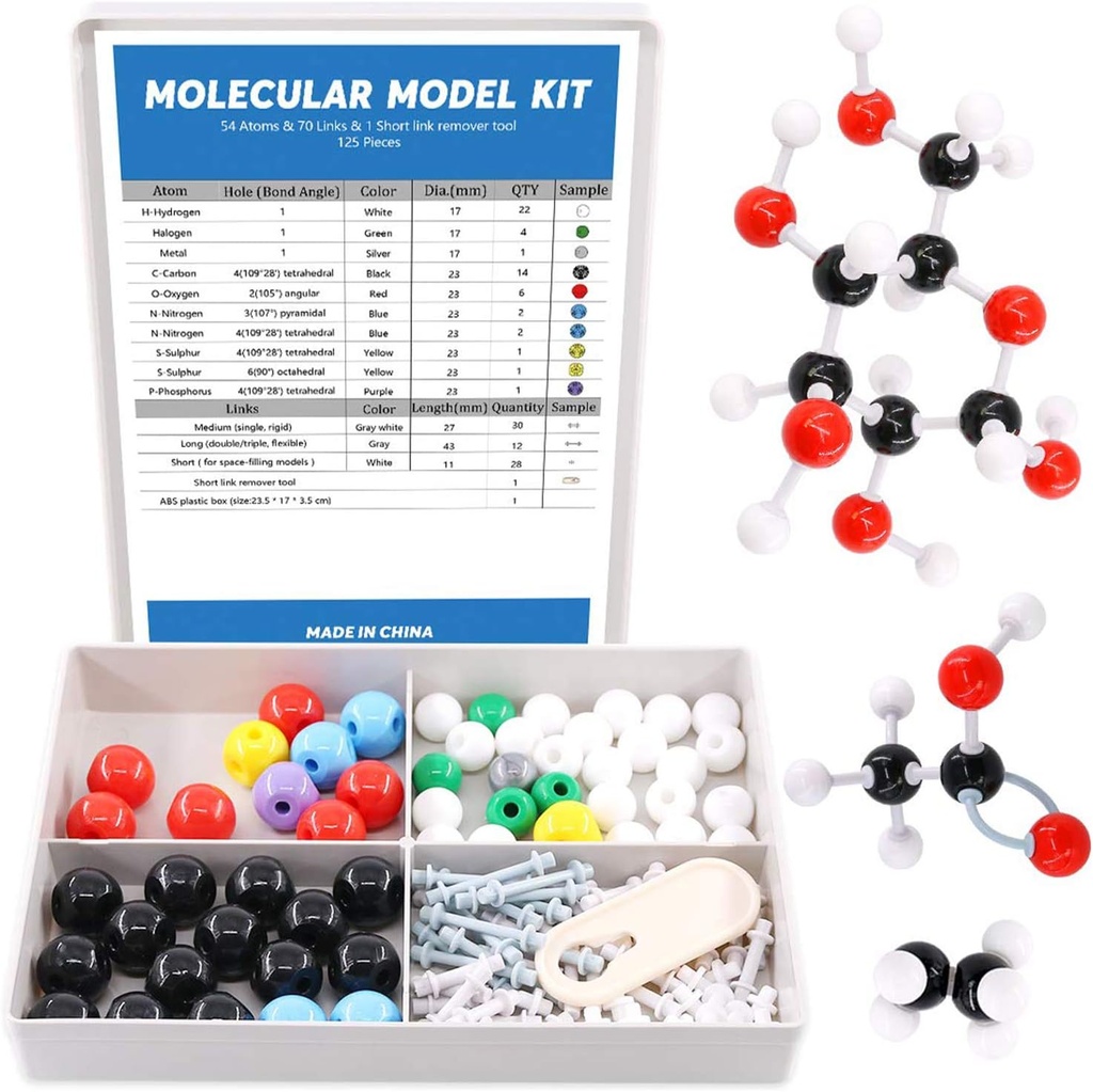 Swpeet 125 Pcs 无机和有机分子模型教师的分子模型包 16年和学生模型包 - 54 Atoms & 70 Links & 1 短链接删除工具 - 科学玩具