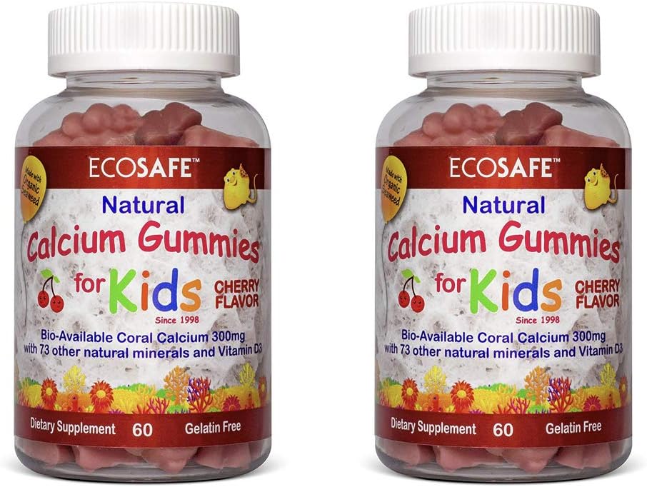 珊瑚钙维生素D3 Kids Gummy, Natural Cherry Flavor, Non GMO, Gluten-Free, Dairy-Free, Soy-Free and Gelatin Free - 300 mg 钙,800 IU 维生素D3-60 Gummys (1 Pack)