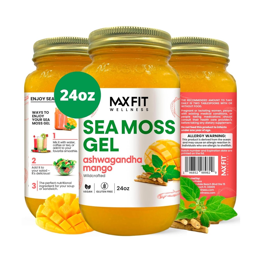 Sea Moss Gel Ashwagandha Mango (25 Flavors) 24oz 野生金色海 Moss Gel 来自圣卢西亚 92 维生素和矿物 |纯Raw+非GMO