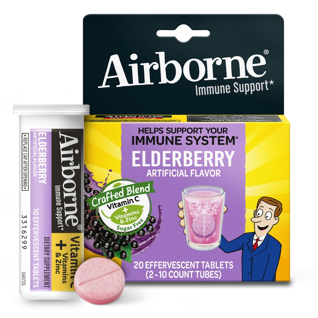 空载长生莓提取剂+维生素C 1000mg(每枚) - Effervescent Tablets (20 Counts in a Box),Gluten-Free Immune支持补充剂,配有维生素A C E,锌,硒,无糖
