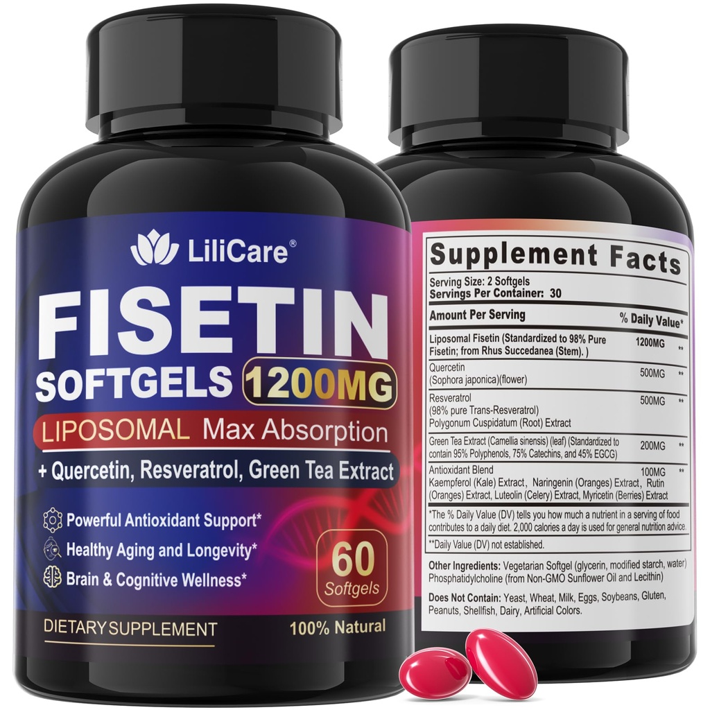 Fisetin 补充剂 - Liposomal 超级吸收剂 98% 纯 1200mg 与 Quercetin, Resveratrol, 绿色茶叶提取剂 健康老化和长寿,皮肤健康,脑和抗氧化剂 - 60 软胶