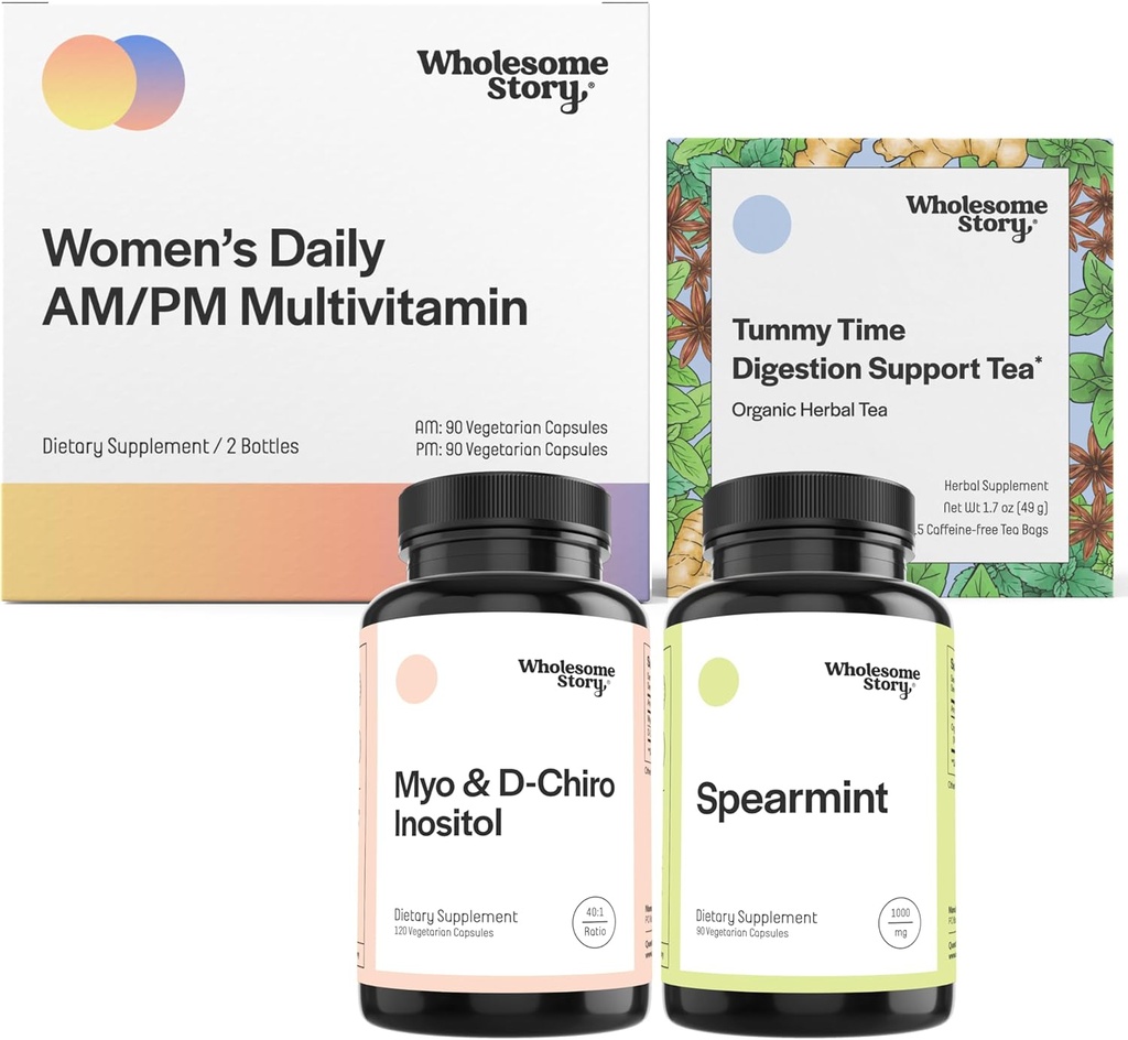 Hormone Balance Support Bundle | Myo-Inositol & D-Chiro Inositol Blend 30-day Supply | Organic Spearmint 30-day Supply | Premium Daily Multivtamin for Women 30-day Supply | Morning Sickness Tea 15ct