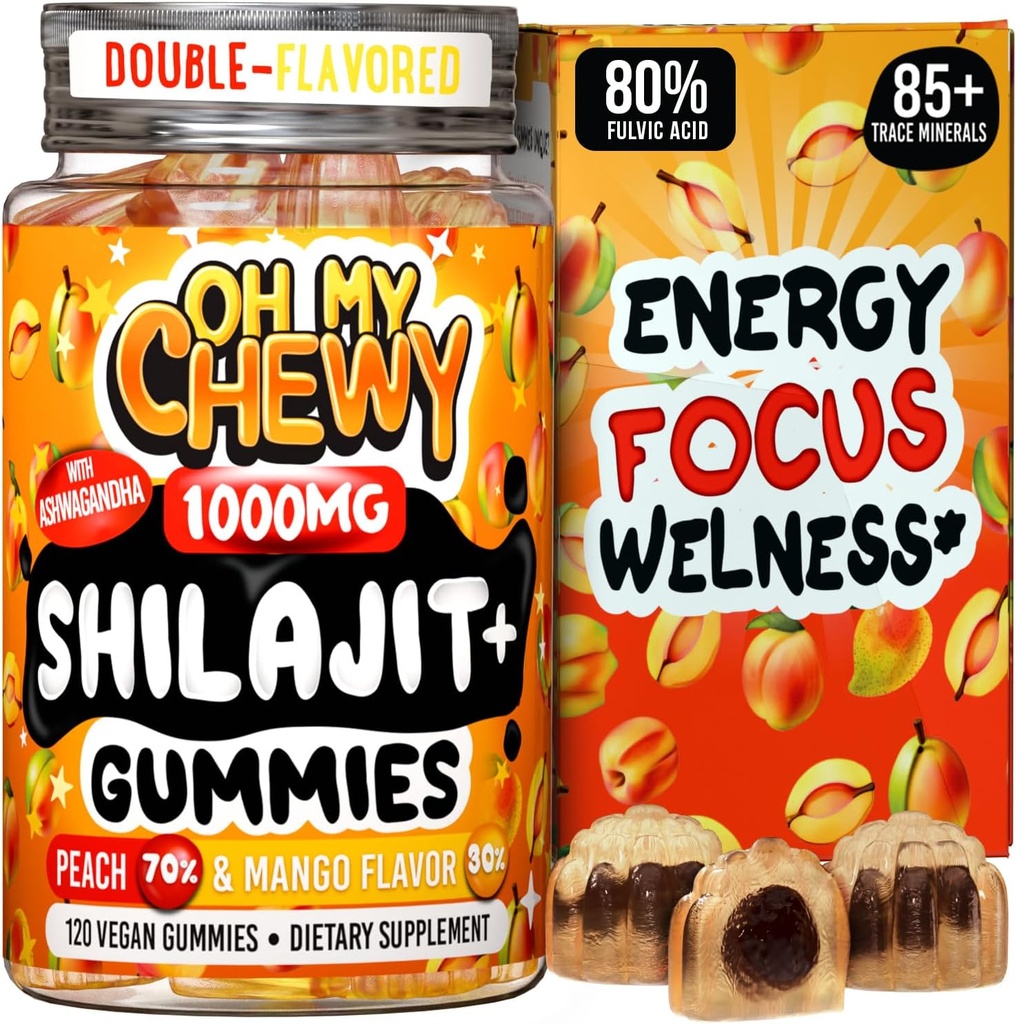 纯喜马拉雅省Shilajit Gummys - 高潜力黄金等级Resin - Ashwagandha和Shatavari为男女提供的能源促进和免疫支持 - 120 Gummy - 桃仁和芒果