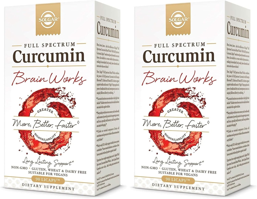 Solgar Full Spectrum Curcumin Brain Works, 90 Licaps - 支持记忆回忆,焦点,认知函数 - 抗氧化剂支持 - 库尔库敏, BacoMind, Choline, 维生素 B12 - 非GMO, Vegan - (Pack of 2)