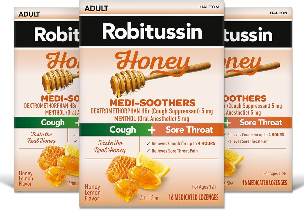 Robitussin Medi-Soothers Honey Lemon Throat Lozenges, 长长的咳嗽+喉痛缓解——48个计数(3x16厘米包装)
