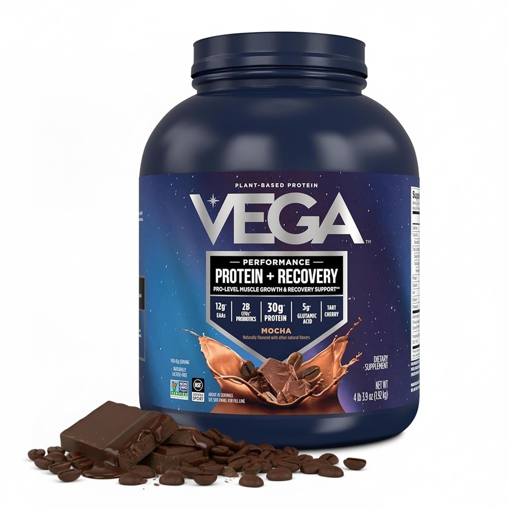 Vega Sport Vegan蛋白粉+恢复-每服30g植物蛋白,Mocha,45名服务者,5gBCAAs,Probiotics,NSF认证,用于摇晃和滑动,4.2升(5月Vary包装)