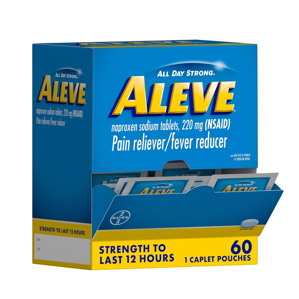 Aleve Pain Reliever & Fever Reducer Naproxen Sodium Caplets, 身体和关节炎 疼痛 Reliever, 为12岁和12岁以上成人和儿童提供药物, 60个个人邮袋