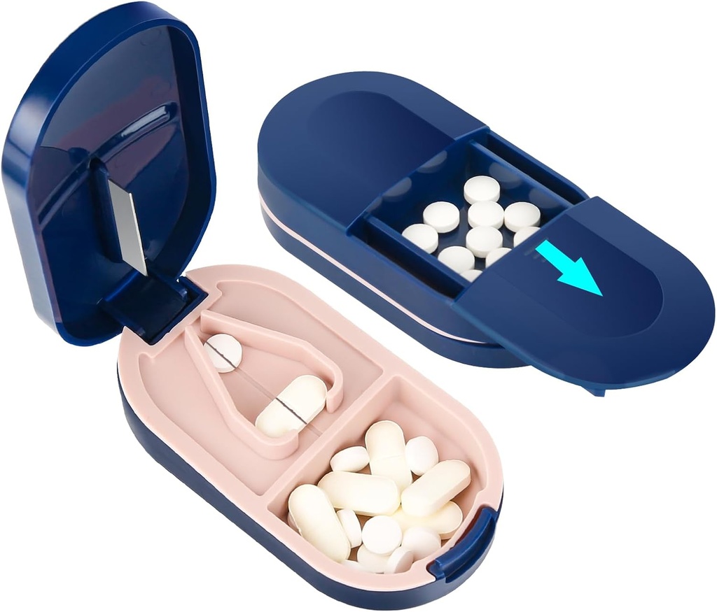 LEAFTOL Pill Cutter, 便携式 Pill Splitter 2- in-1 配有无色钢刀的 Pill Case, 用于小型或大型维生素片, 与迷你药丸组织者比对的切片 – 蓝色