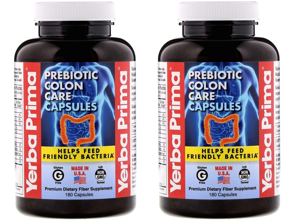 Yerba Prima Prebiotic Colon Care Capsules - 180 Counter (Pack of 2), Gluten Free, proudly made in The United States, N-GMO, Soluble & Unsoluble Fiber, 支持健康功能的Colon