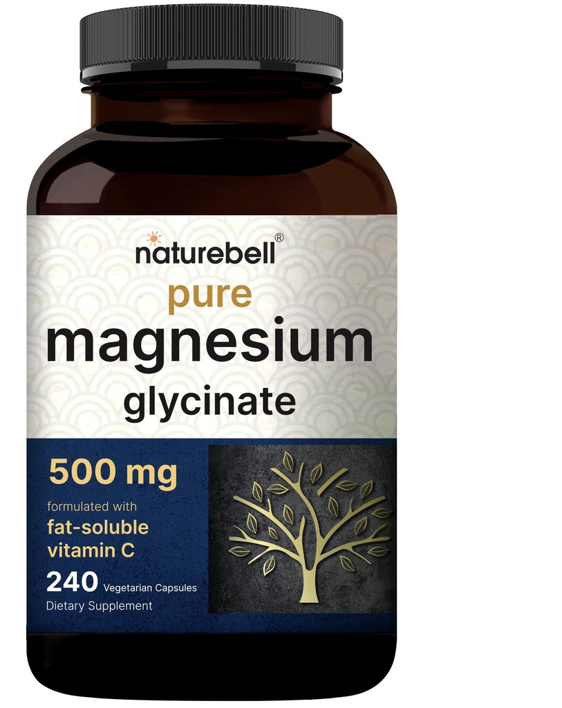 Nature Bell Pure Magnesium Glycinate 500mg, 240 Veggie Capsules 100% Chelated & Pufied – 第3党测试, Vegen友好,非GMO, Filler Free