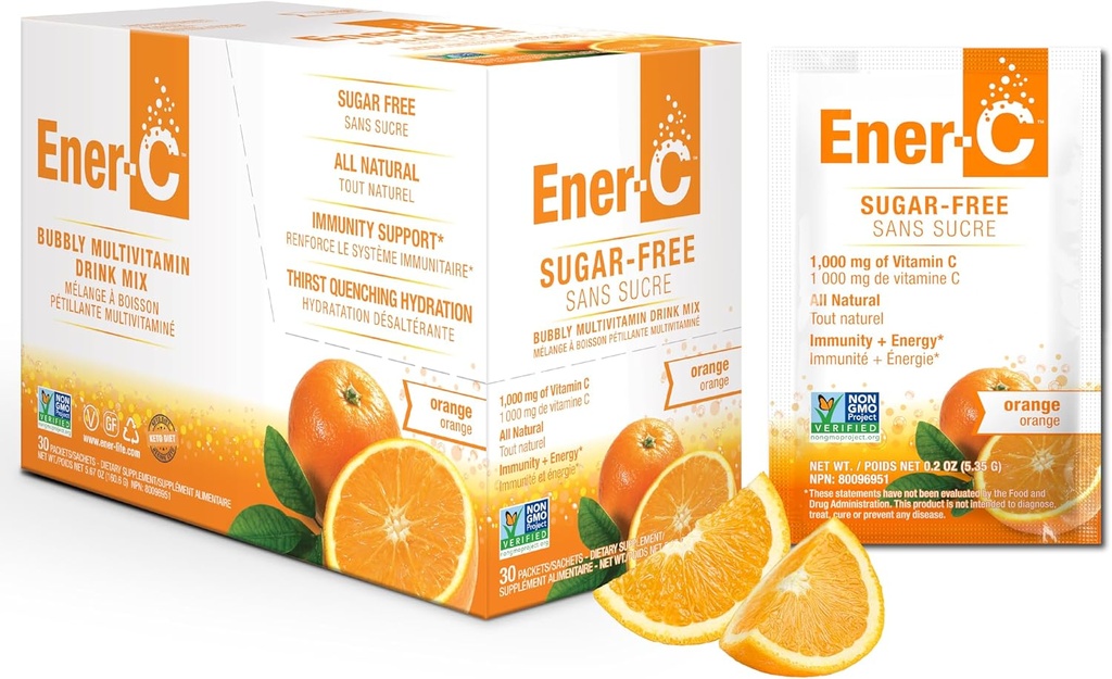 Ener-C 无糖能源 橙色多维生素 饮料 混合维生素 C 1000mg & Electrolytes - 用真正的水果汁粉 Non-GMO Vegan & Gluten Free - 30 Counter