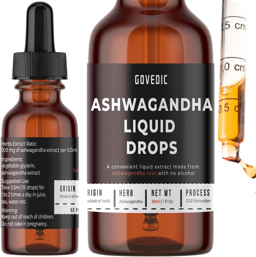 Ashwagandha液滴集中1Fl Oz 30ml → 60 服务500mg有机根茎提取 补充 → 压力缓解、能量和豁免、精神焦点、快速吸收