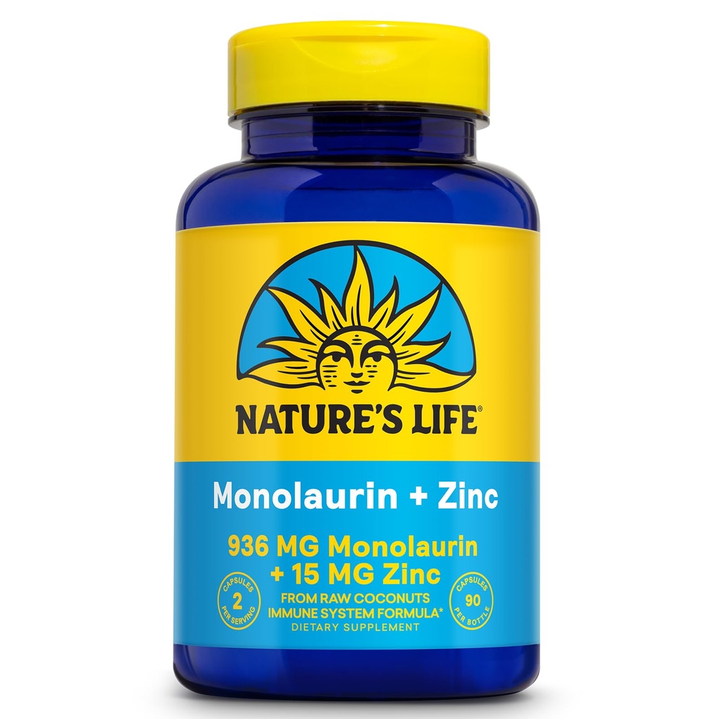 自然生命 Monolaurin Plus 锌免疫支持补编 - 936mg Monolaurin from Raw Coconuts, Zinc 15mg, 支持古特健康,平衡古特弗洛拉,60天保障,45 Serv,90 蔬菜卡普尔