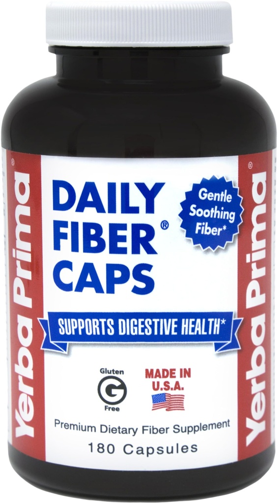 Yerba Prima Daily Fiber Caps - 180 Capsules - 溶解和难溶的饮食纤维补充 - Colon Cleanse - Gut Health - Vegan, 非GMO, Gluten-Free