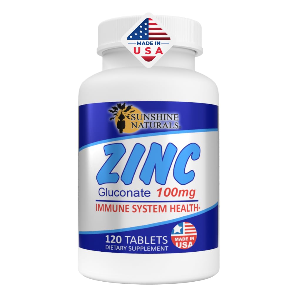 Sunshine Naturals Zinc Gluconate Mineral Supploration – 支持免疫系统,促进伤口愈合,改善皮肤健康,提供抗氧化剂防御 – 100mg,120平板,高概率