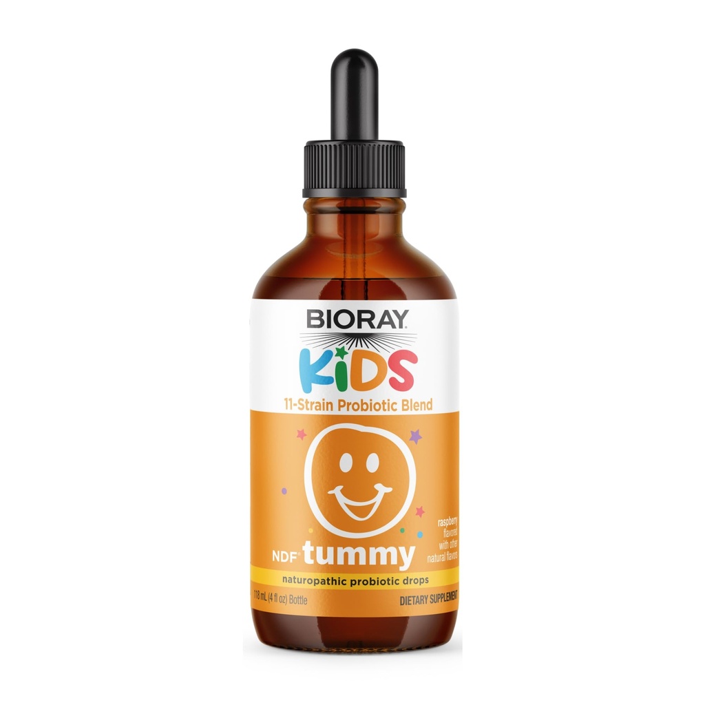 BIORAY Kids NDF Tummy, Raspberry - 4 fl oz (120 mL) - 11-Strain Probiotic Blend - 支持GI Tract中的免疫反应 - 非GMO,Vegan,Gluten Free - approx. 120名服务人员
