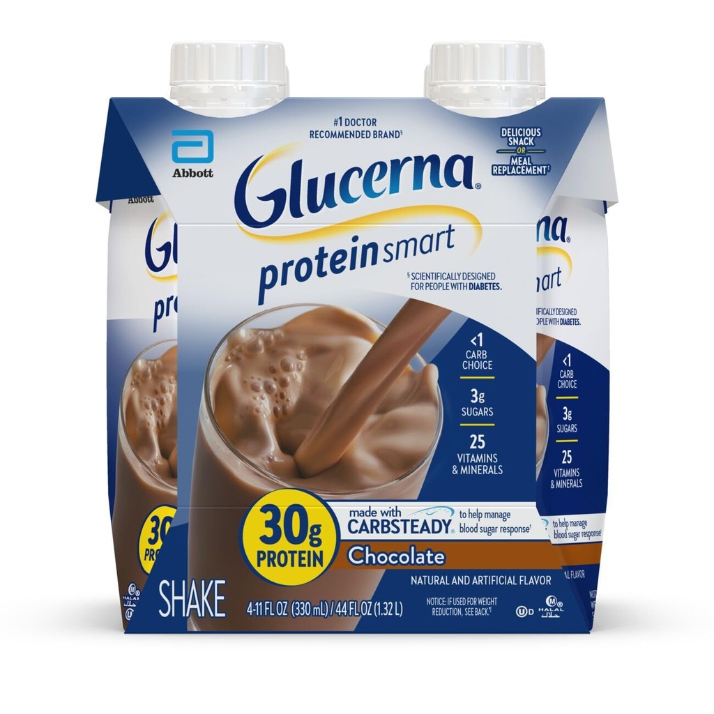 Glucerna 蛋白质智能糖尿病护理摇晃 巧克力 糖尿病食品替代 支持血糖管理 30g 蛋白质 150 Calories 准备饮用 11-fl-oz 瓶子 4 Pack