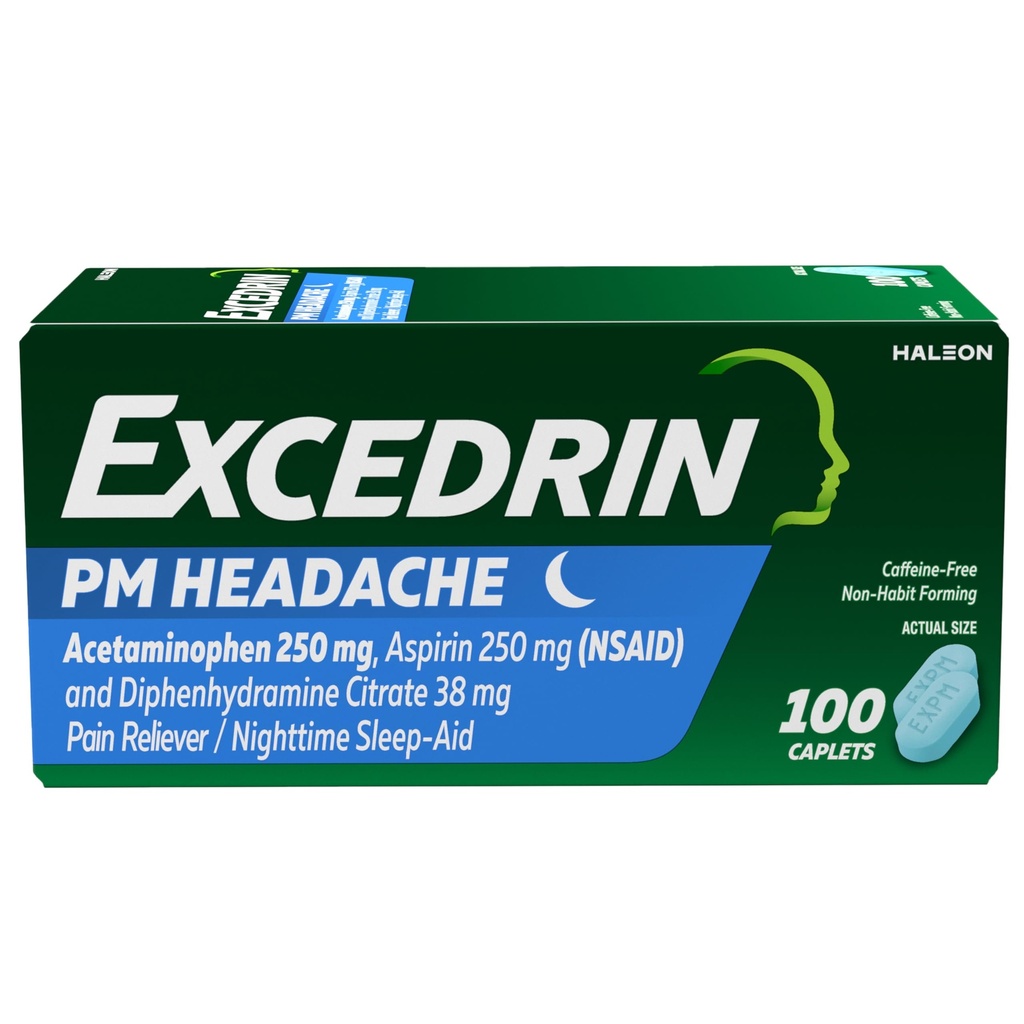 Excedrin PM for Headache Reliever, Acetaminophen 250mg, Aspirin 250mg, Diphenhydramine Citrate 38mg, Pain Reliever, Nighttime睡眠援助, 100 Counter