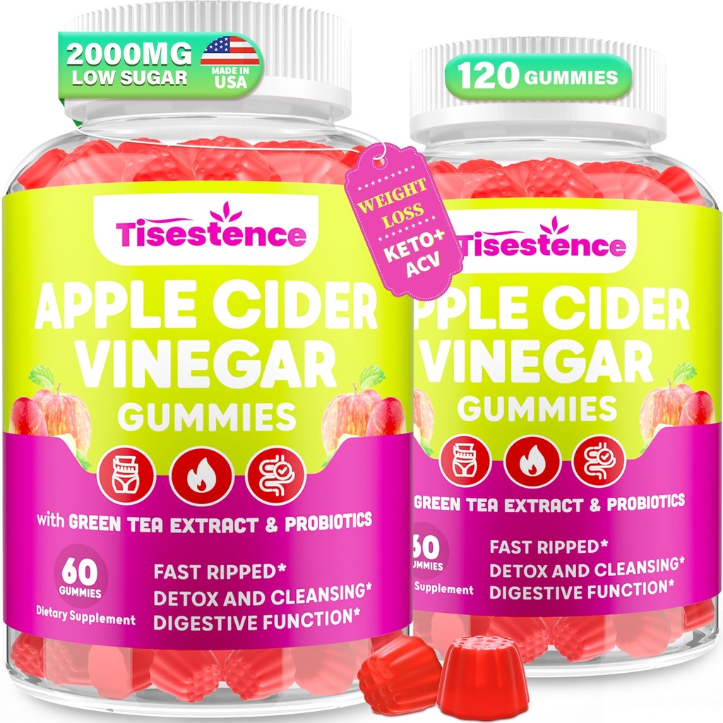 Apple Cider Vinegar Gummys, Keto ACV Gummys for Women and Men, Apple Cider Vinegar 配绿茶补充剂, B12, 抗毒清洁剂,代谢和消化健康, Vegan - 2个月供应