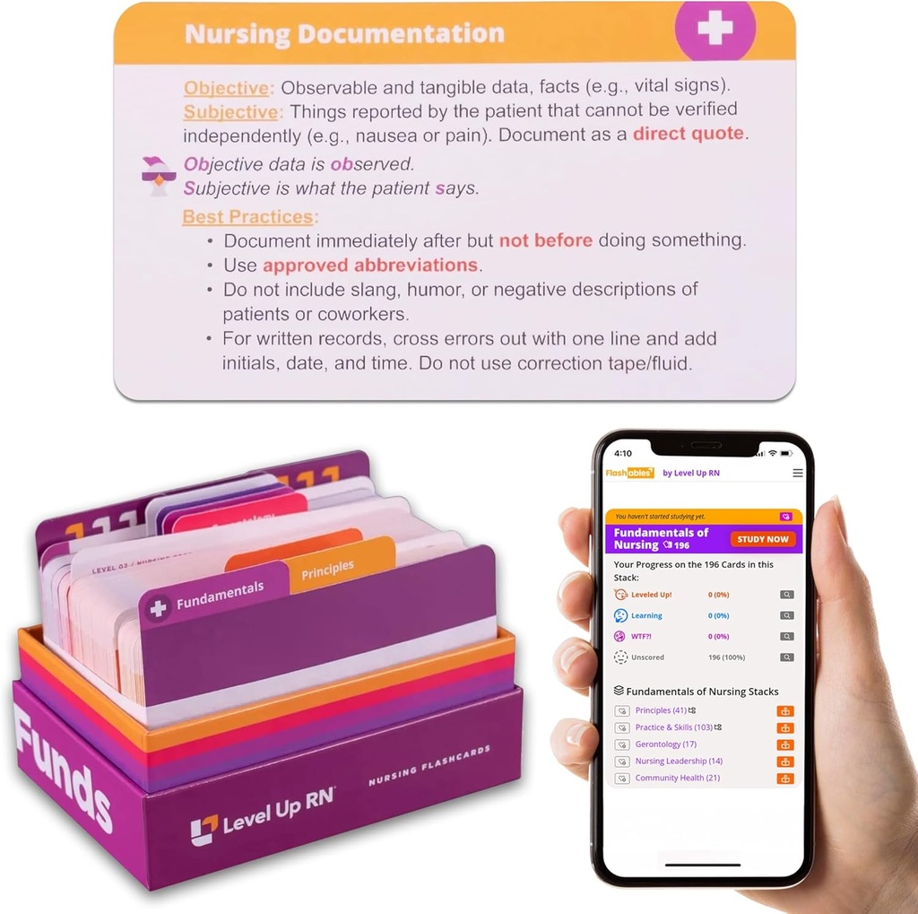 护理基本知识闪光卡 – 不 Fluff – 只有护理学校的基本信息 – 2025-2026 NCLEX ATI HESI Review LPN RN闪光卡(204卡)