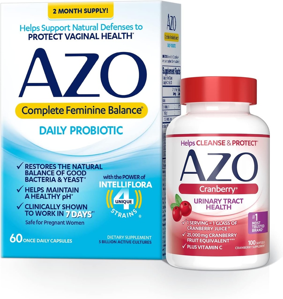 AZO 完全女性平衡 妇女每日补充营养素(60个计数) + Cranberry Softgels for Urinary Tract Health(100个计数)