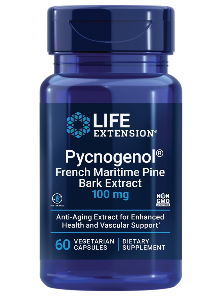 生命延伸 Pycnogenol – 法国滨海松木条提取法 – 科学研究健康老化与血管健康补编 – 非GMO,无胶体,蔬菜 – 60 Capsules