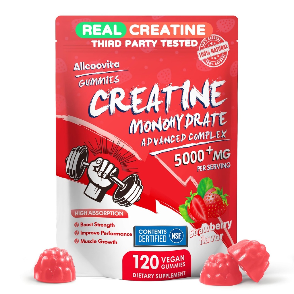 Creatine Monohydrate Gummys Complex for Muscle Power, Muscle Builder, Energy Boost, 工作前补充 120 草莓 Gummys