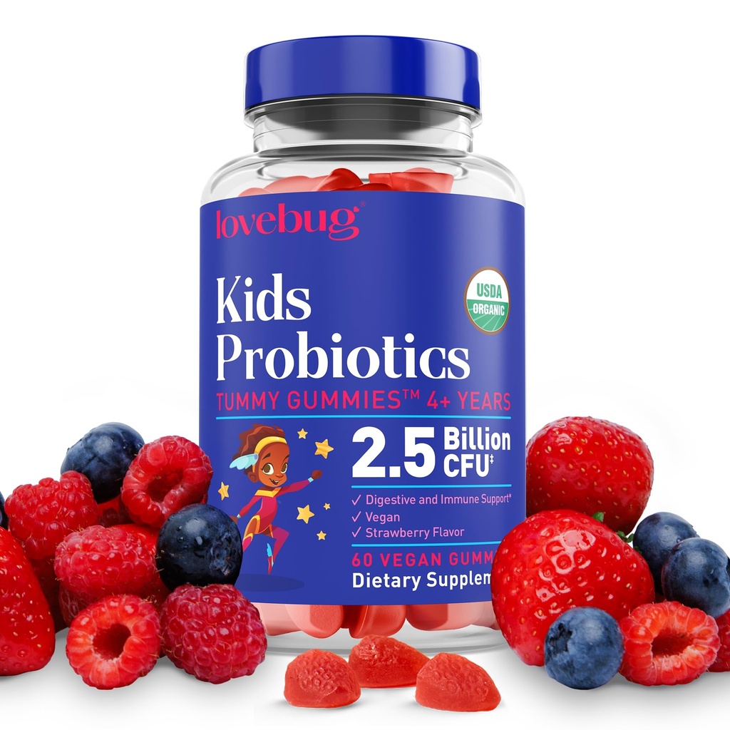 LOVBUG 儿童 Probiotic Gummys – 为4岁以上儿童提供有机化学抗生素,土壤为基础的儿童抗生素,用于Gut健康,便秘,Digestive & Imune支持,Vegan,60 Chews,草莓