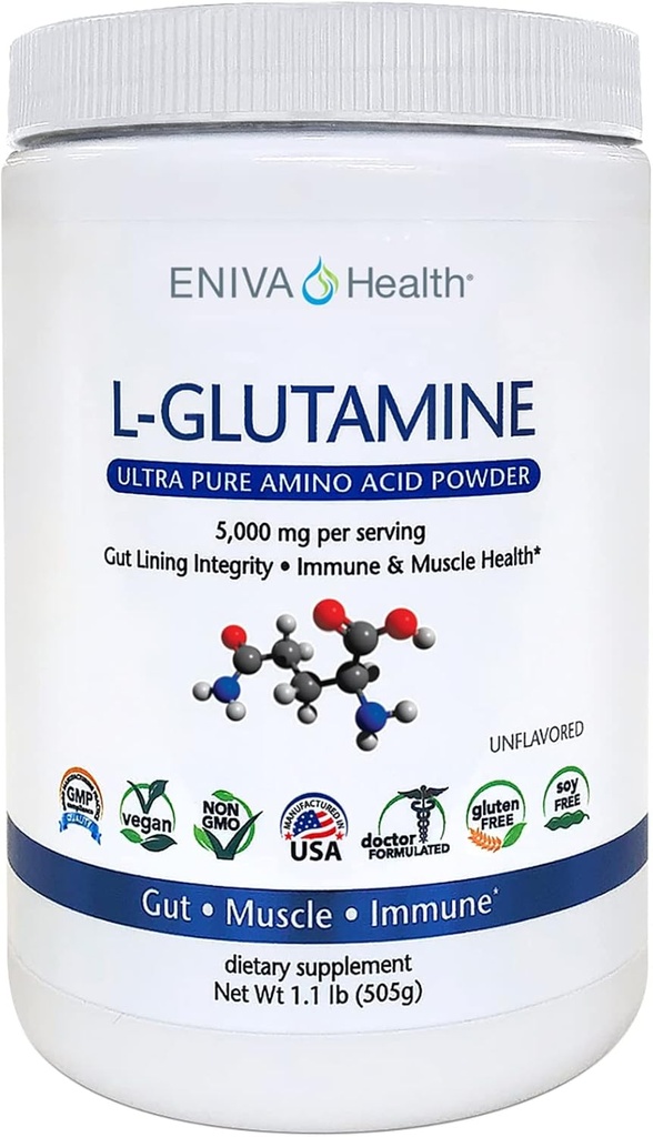Eniva Health L-Glutamine纯粉,未味粉(101种服务) QQ Vegan,无糖,无糖,非GMO QQ 医生配制,美国制造 QQ Gut Health, Leaky Gut, Bloating,肌肉健康,免疫系统