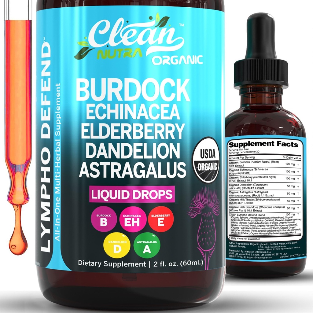 有机淋巴排水补充剂 + 淋巴排水支持剂 Burdock root Echinacea 长老莓 Dandelion Astragalus 牛奶 硝酸海 红克洛弗 清洁剂 Marigold Drop by clean Nutra