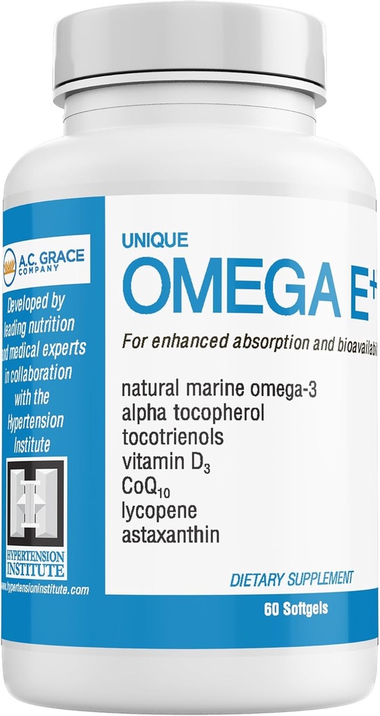 UNIQUE E A.C. Grace Company Omega E+ - 鱼油补充剂 - 海洋Omega-3 脂肪酸,维生素E,维生素D3和CoQ10 - 帮助支持心脏,大脑和皮肤健康 - 60 Softgels