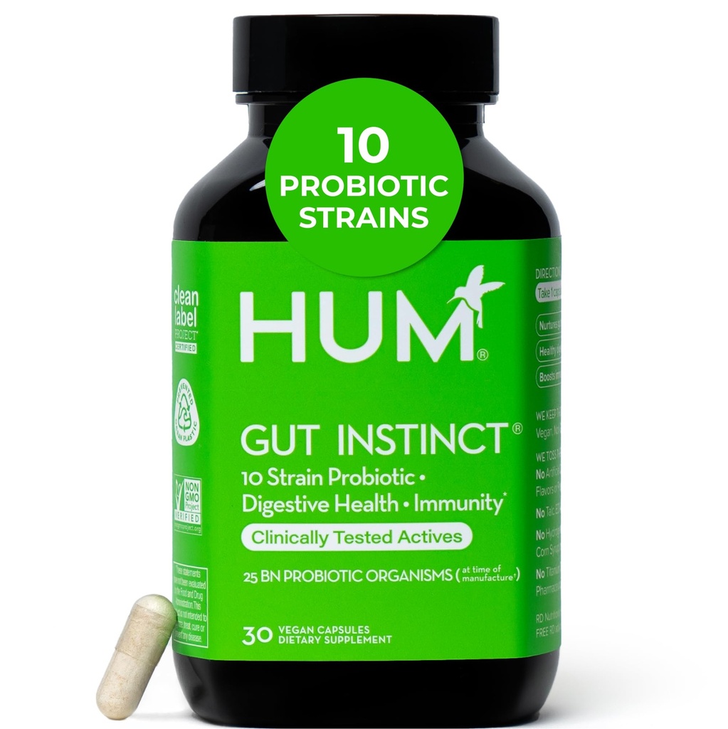 HUM Gut Instinct Daily Probiotics for Munne Professional and Menix, 消化性健康,乳房杆菌,Bifidobacterium Strains for Immune 支持,健康乳腺多样性的Probiotic 补充, 30 Capsules