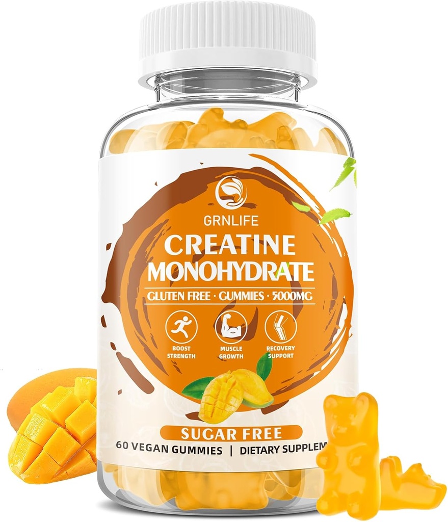 Creatine Monohydrate Gummys for Men & Women, Chewables Creatine Monohydrate for Muscle strong, 肌肉构建器, 能量靴, 糖无糖, Vegan, 芒果火焰- 60 Count