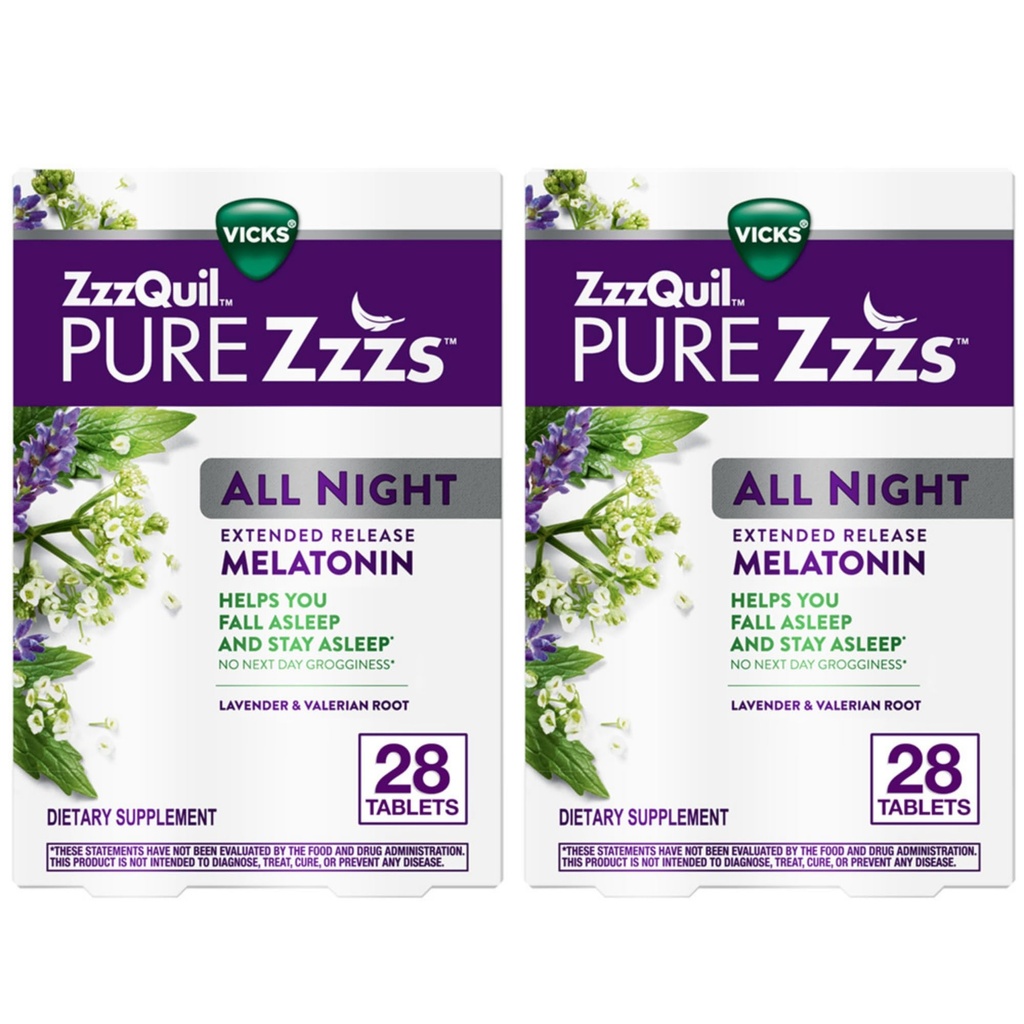 ZzzQuil Pure Zzzs All Night扩展释放,梅拉托宁睡眠援助片,帮助你保持睡眠更长,成人睡眠援助片,每片2毫克,总片56枚(2包共28枚)