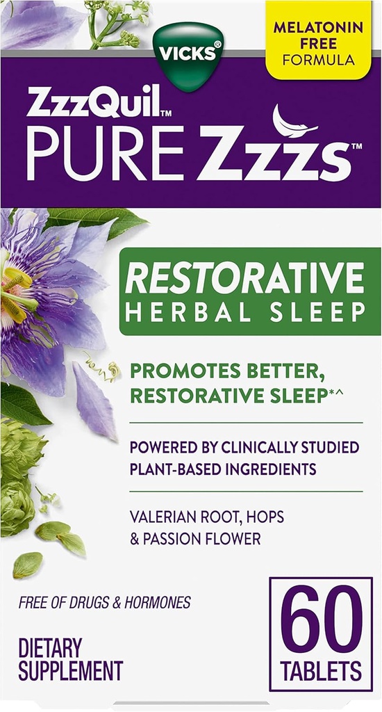 ZzzQuil PURE Zzzs 恢复性草药睡眠,平板,无毒品和荷尔蒙,无梅拉托宁公式,瓦莱里根,Hops,激情花,成人睡眠援助,60个计数