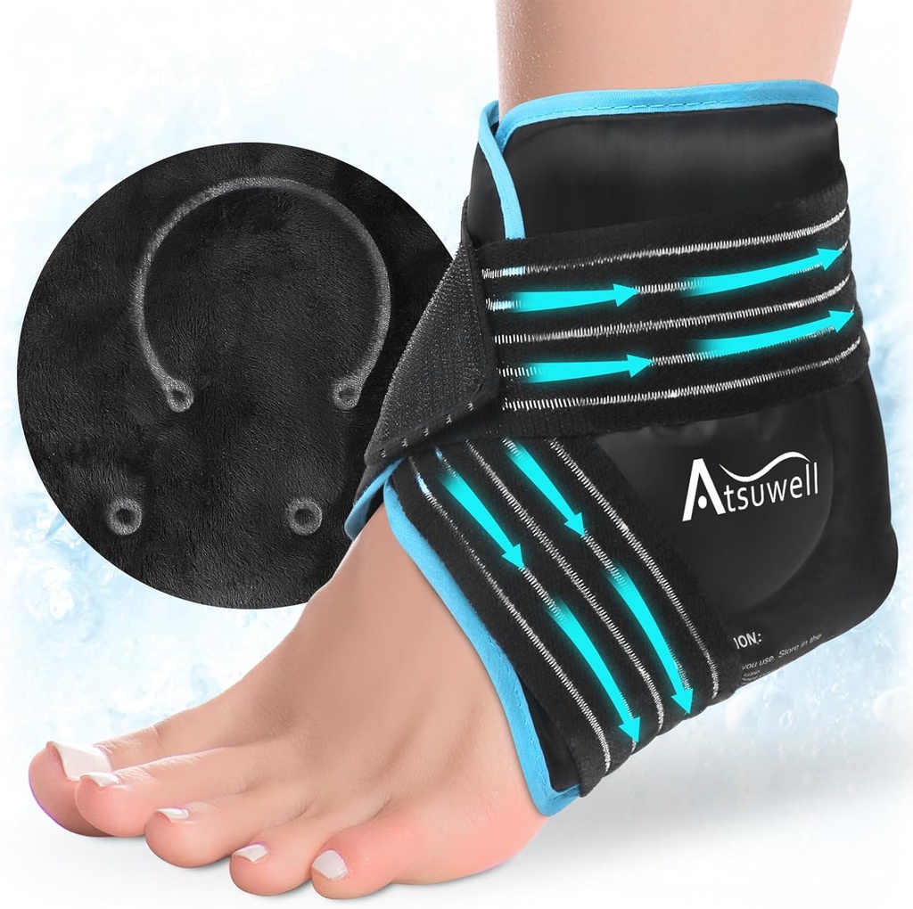 Atsuwell Ankle 冰块包装, 重用 Gel 冰块换脚步脚跟, 用软Plush Lining 换脚的冰块包装, 用冷压缩疗法换脚步不适, 黑色
