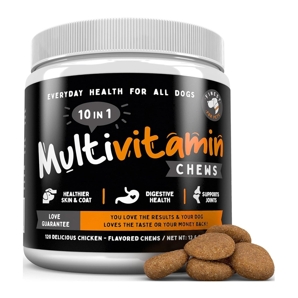 Finest for Pets Multivitamin Dog Supplement – 10 in 1 with Omega Fish Oil & Glucosamine 用于改善联合和皮肤支持,Gut, Digestion & Imune 日常健康(120种可食用治疗)