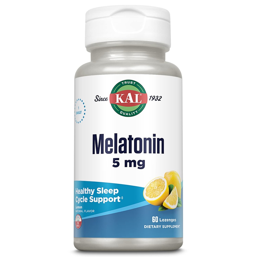 KAL Melatonin 5mg 睡眠援助 Lozenges, Melatonin 补充支持睡眠质量, 冷静放松和健康的睡眠循环, 添加维生素 B6, 蔬菜, 天然柠檬火焰, 60 Lozenges