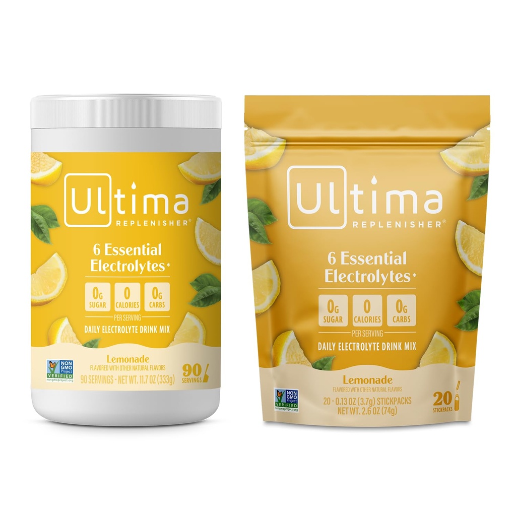 Ultima Electrolyte Powder Drink Mix Bundle – 免糖浆 – 柠檬水,90个服务罐头和20个Sickpack – 6个电解质和矿物 – Keto Friendly, Vegan, Non-GMO