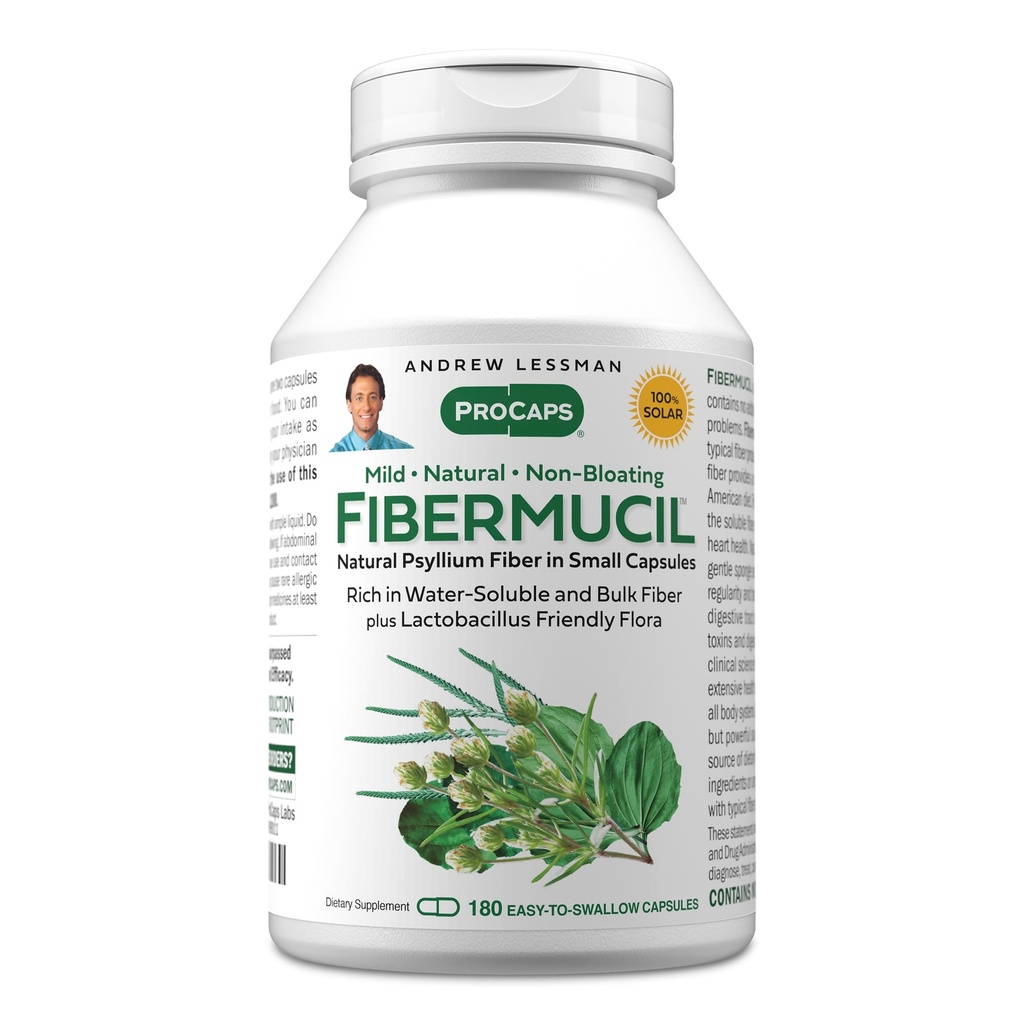 ANDREW LESSMAN Fibermucil 180 Capsules -Psyllium Husk Powder. Gently Promotes Regularity and Digestive Health. Rich in Fiber. Gentle, Easy, Effective. No Additives. Small Easy to Swallow Capsules
