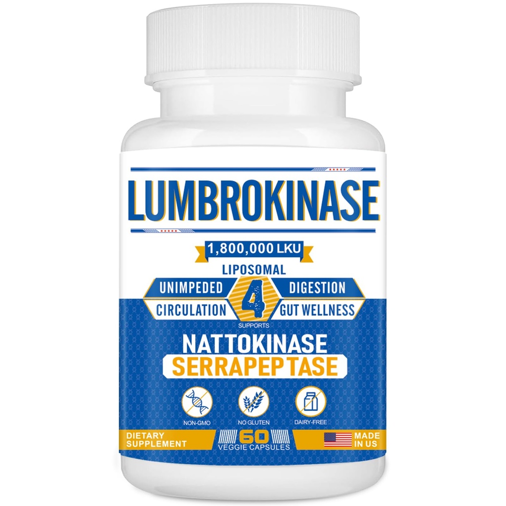 Liposomal Lumbrokinase Nattokinase Serrapeptase 综合体, 循环心脏健康和消化的 Lumbrokinase 补充品,60 Capsules