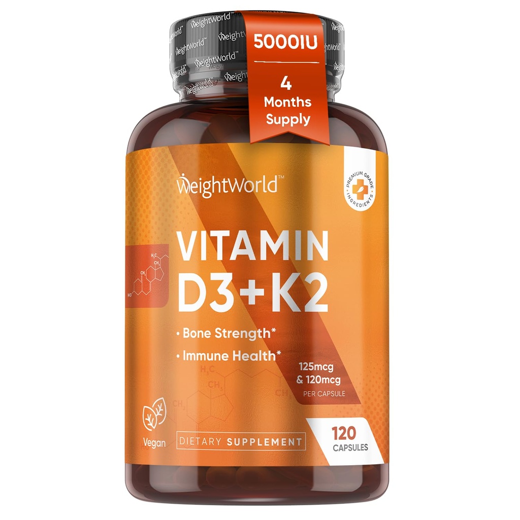 体重世界维生素D3 K2-120 卡普勒斯 - 5000 IU D3 & K2 120mcg 骨强和免疫健康 - K2 D3 维生素补充 来自野生-哈弗斯德利琴的基于植物的胆固醇