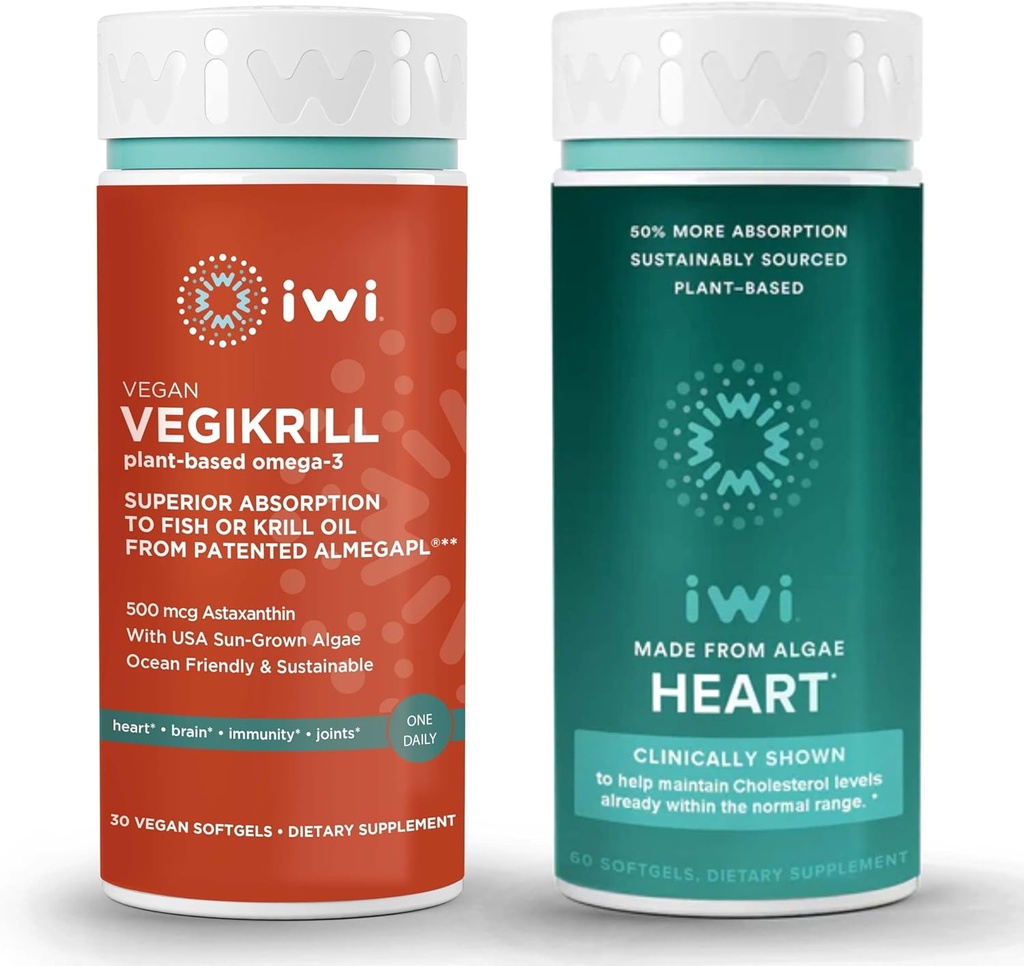 iwi Life Vegikrill & Heart Omega-3 Bundle, 30名服务员、Vegan 植物型藻类 Omega 3, Krill 和鱼油替代品、无鱼余味