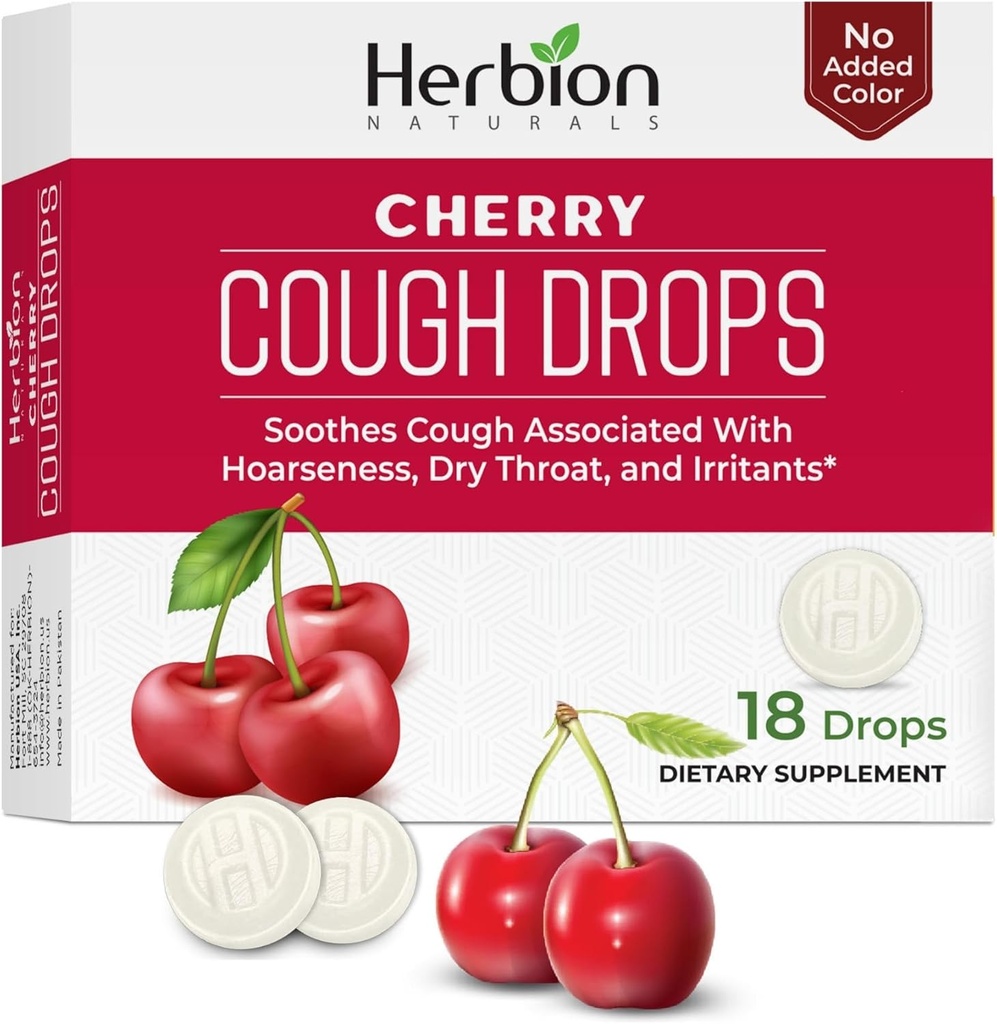 HERBION Naturals Cough Drops,饮食补充,Soothes Cough,供6岁以上的成人和儿童使用,无人工火焰,无添加颜色(18个计数(一包),樱桃)